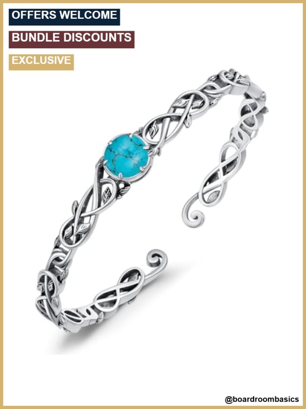Sterling Silver Turquoise Cuff Bracelet Vine Leaf Open Bangle Boho Jewelry Gift